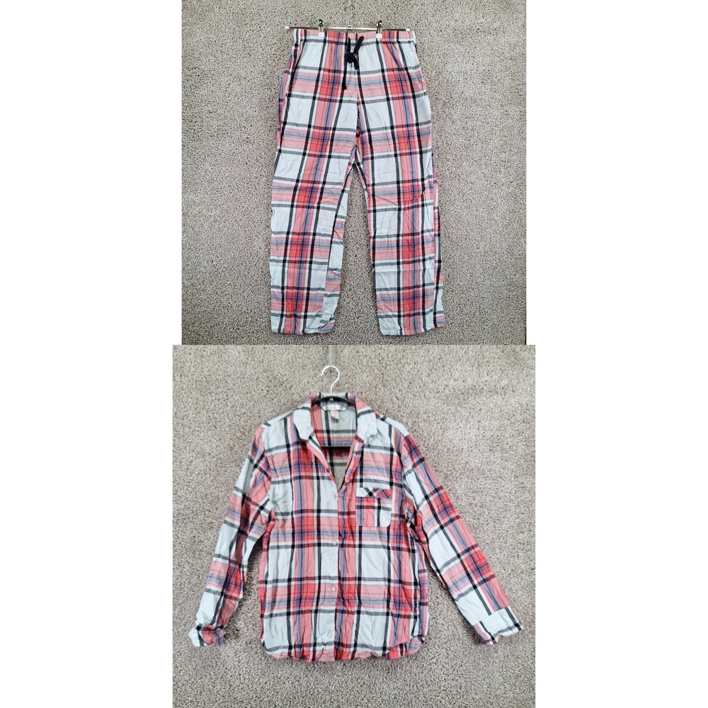 Victoria's Secret Pajama Set Womens M Pink Plaid Long Sleeve Button Up Sleepwear